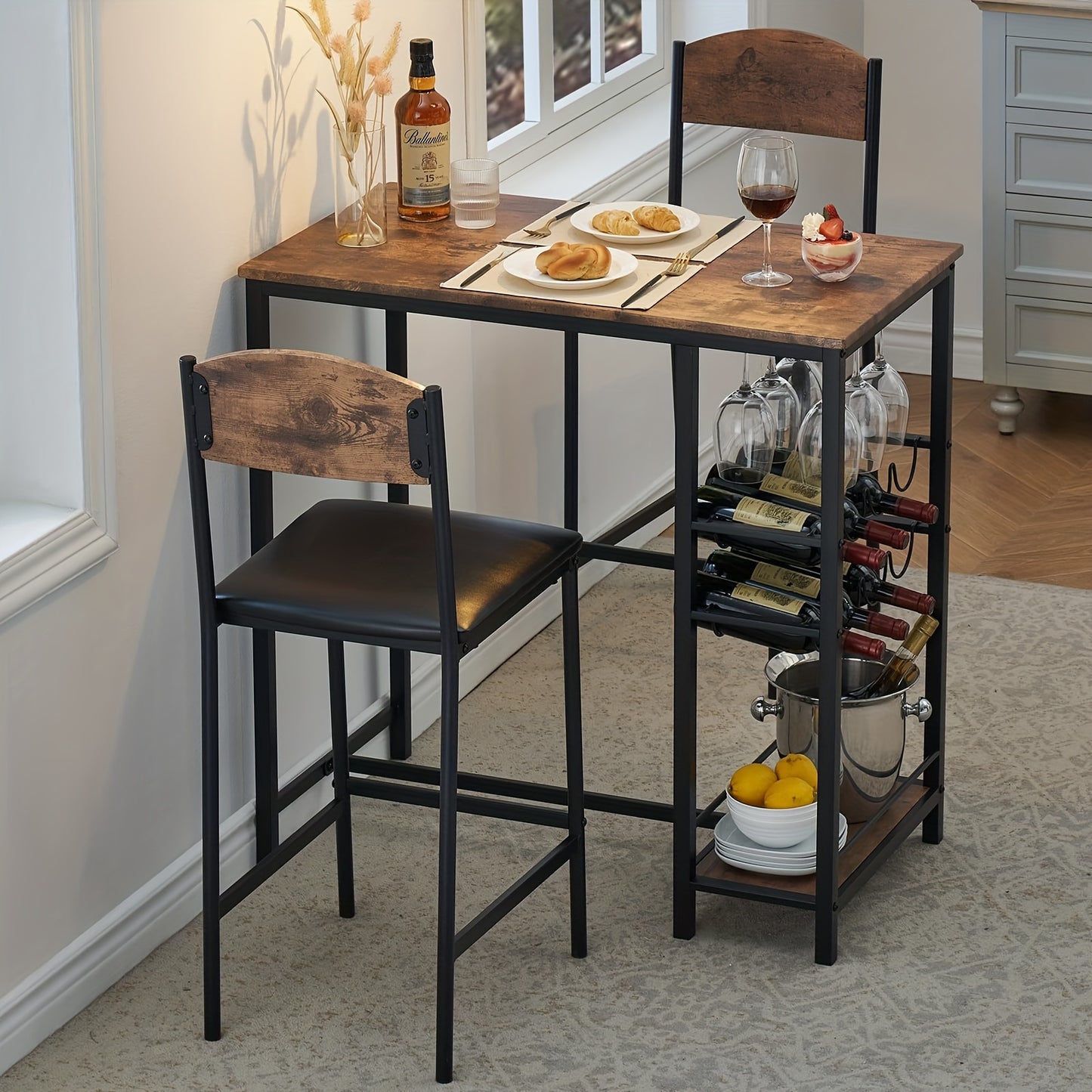 2-in-1 Counter Height Bar Table Set with Storage Shelf & Wine Rack - Space-Saving 3pcs Modern Dining Table with Cup Holders, Foldable Design