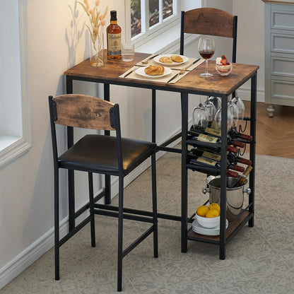 2-in-1 Counter Height Bar Table Set with Storage Shelf & Wine Rack - Space-Saving 3pcs Modern Dining Table with Cup Holders, Foldable Design