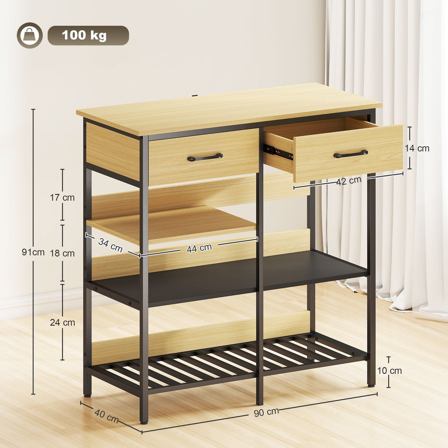 Dressoir – Sideboard – Kast – Buffet – Opbergkast – Naturel Hout – 2 Lades en 3 Open Vakken – 90x40x91 cm Compact en Stevig