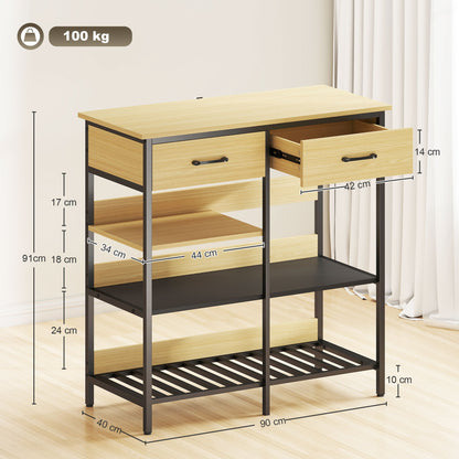 Dressoir – Sideboard – Kast – Buffet – Opbergkast – Naturel Hout – 2 Lades en 3 Open Vakken – 90x40x91 cm Compact en Stevig