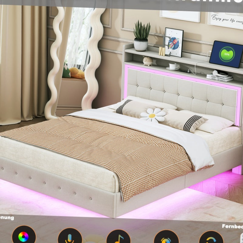 Bed – Eenpersoonsbed – Tweepersoonsbed – Boxspring – Opbergbed – 140x200 cm – Linnen Bekleding – Verborgen Onderstel