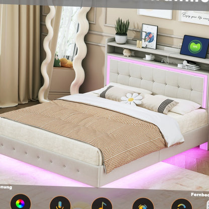 Bed – Eenpersoonsbed – Tweepersoonsbed – Boxspring – Opbergbed – 140x200 cm – Linnen Bekleding – Verborgen Onderstel