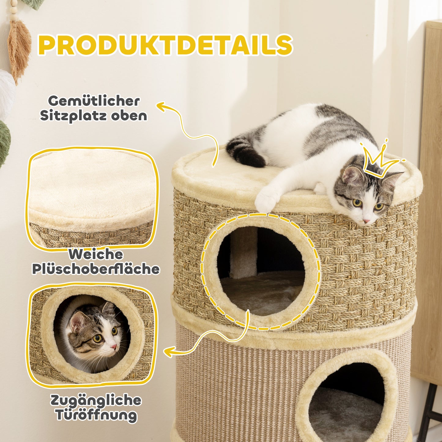 Kattenkrabpaal – Krabpaal – Kattenpaal – Krabmeubel – Kattenmeubel – 79 cm Hoog Met Sisaltouw – Drie Verdiepingen Met Kattenhol Khaki Bruin