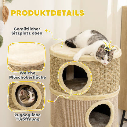 Kattenkrabpaal – Krabpaal – Kattenpaal – Krabmeubel – Kattenmeubel – 79 cm Hoog Met Sisaltouw – Drie Verdiepingen Met Kattenhol Khaki Bruin