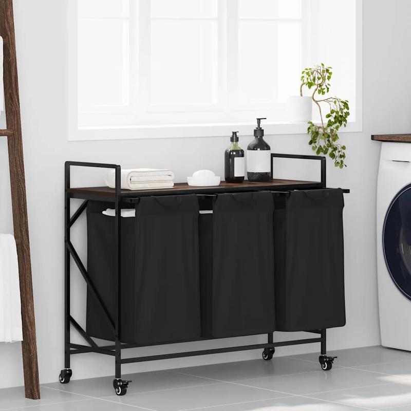 Wasmand – Wassorteerder – Wasbox – Opbergmand – Wasbak – 3 Vakken – Wieltjes – Stevig Bruin Eikenhout Frame – Duurzame Stof