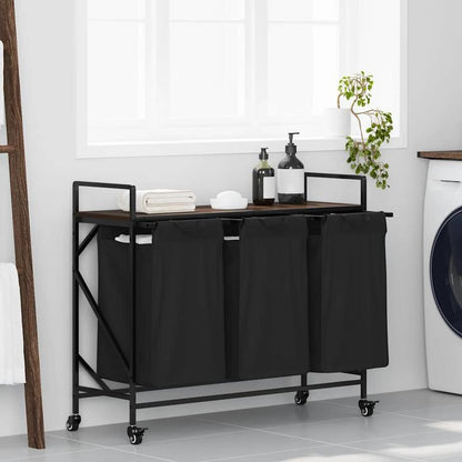 Wasmand – Wassorteerder – Wasbox – Opbergmand – Wasbak – 3 Vakken – Wieltjes – Stevig Bruin Eikenhout Frame – Duurzame Stof