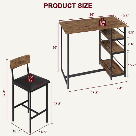 Bartafelset – Bartafel – Barkrukken – Keukentafel – Eettafel – Massief Hout – 3 Opbergplanken – Hoogte 91,44 cm