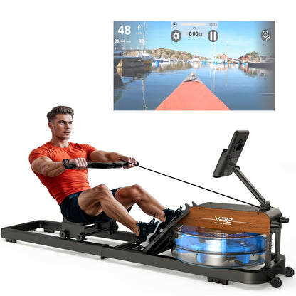 VOWVIT Rowing Machine for Home Gym Foldable Rower Oak Wood Construction, Wireless Water Rowing Machine, 1.2 m to 2 m User Height, 175 kg Load, Without Battery