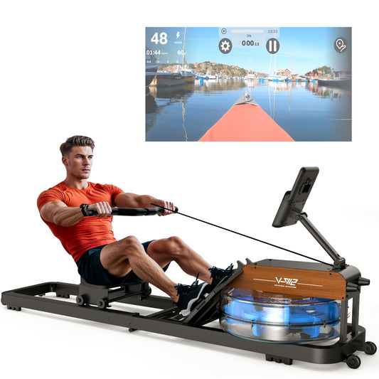 VOWVIT Rowing Machine for Home Gym Foldable Rower Oak Wood Construction, Wireless Water Rowing Machine, 1.2 m to 2 m User Height, 175 kg Load, Without Battery