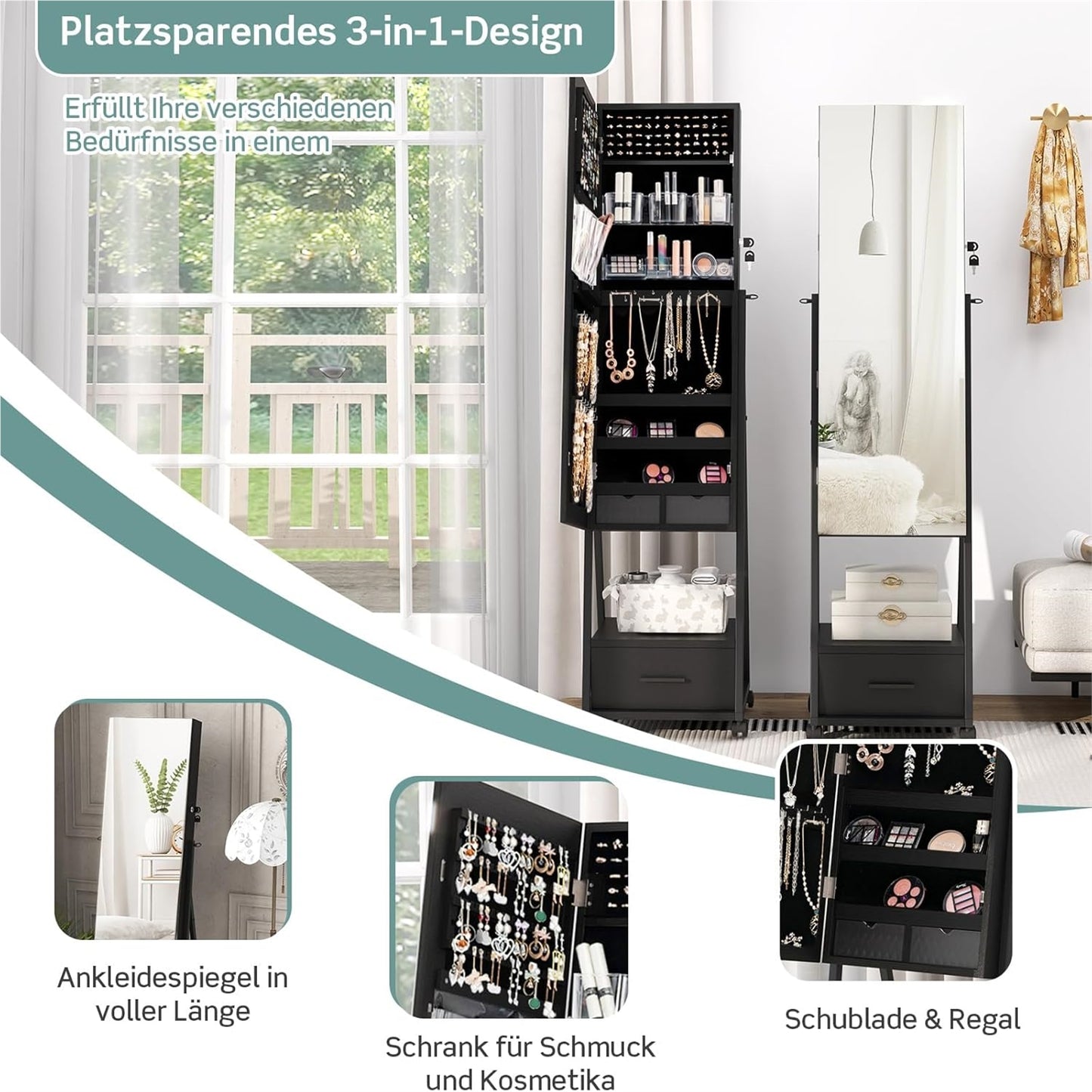 Sieradencabinet – Sieradenkast – Spiegelkast – Make-upkast – Opbergkast – Vrijstaand – Met Slot – Mobiel Met Wieltjes – Zwart – MDF Met Metaal – 42x38x157 cm