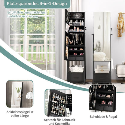 Sieradencabinet – Sieradenkast – Spiegelkast – Make-upkast – Opbergkast – Vrijstaand – Met Slot – Mobiel Met Wieltjes – Zwart – MDF Met Metaal – 42x38x157 cm