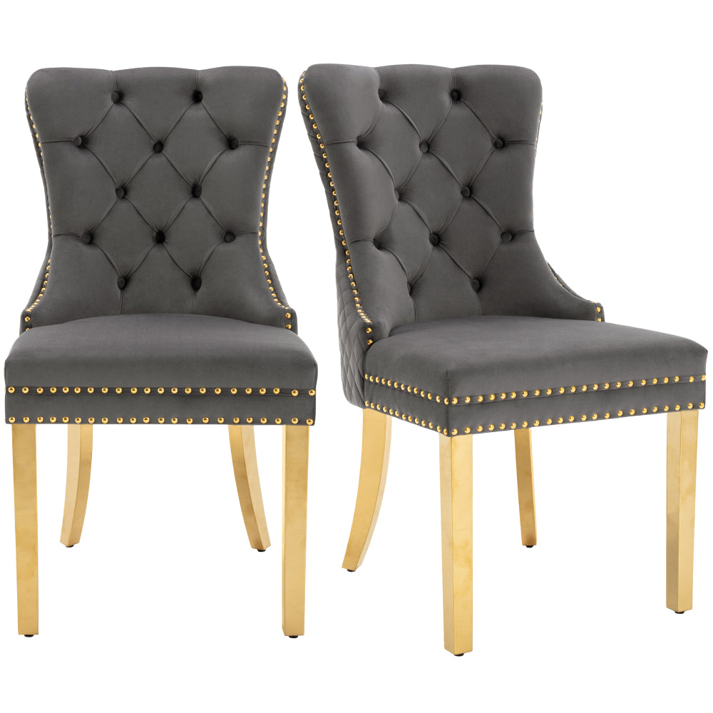 Eetkamerstoelen – Stoelen – Dining Chairs – Dinerstoelen – Moderne Stoelen – Set Van 2 Grijs – Fluwelen Bekleding – Gouden Roestvrijstalen Poten – Ergonomische Rugleuning – Comfortabele Zittingen