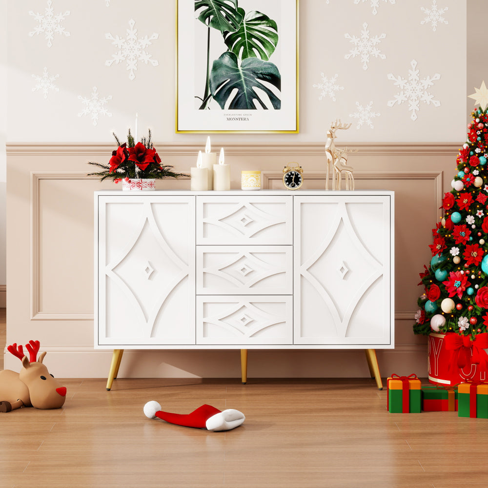 Dressoir – Ladekast – Opbergkast – Buffetkast – Wandkast – Wit Modern Design – Gouden Poten & Diamantpatroon – 120x40x80 cm – 3 Lades & 2 Deuren – Eenvoudige Montage