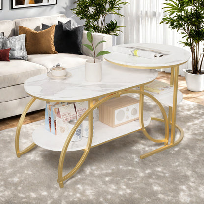 Koffietafel Set – Salontafel – Bijzettafel – Woonkamertafel – Tafelset – Wit Marmerpatroon – Gouden Metalen Onderstel – Compact en Stevig