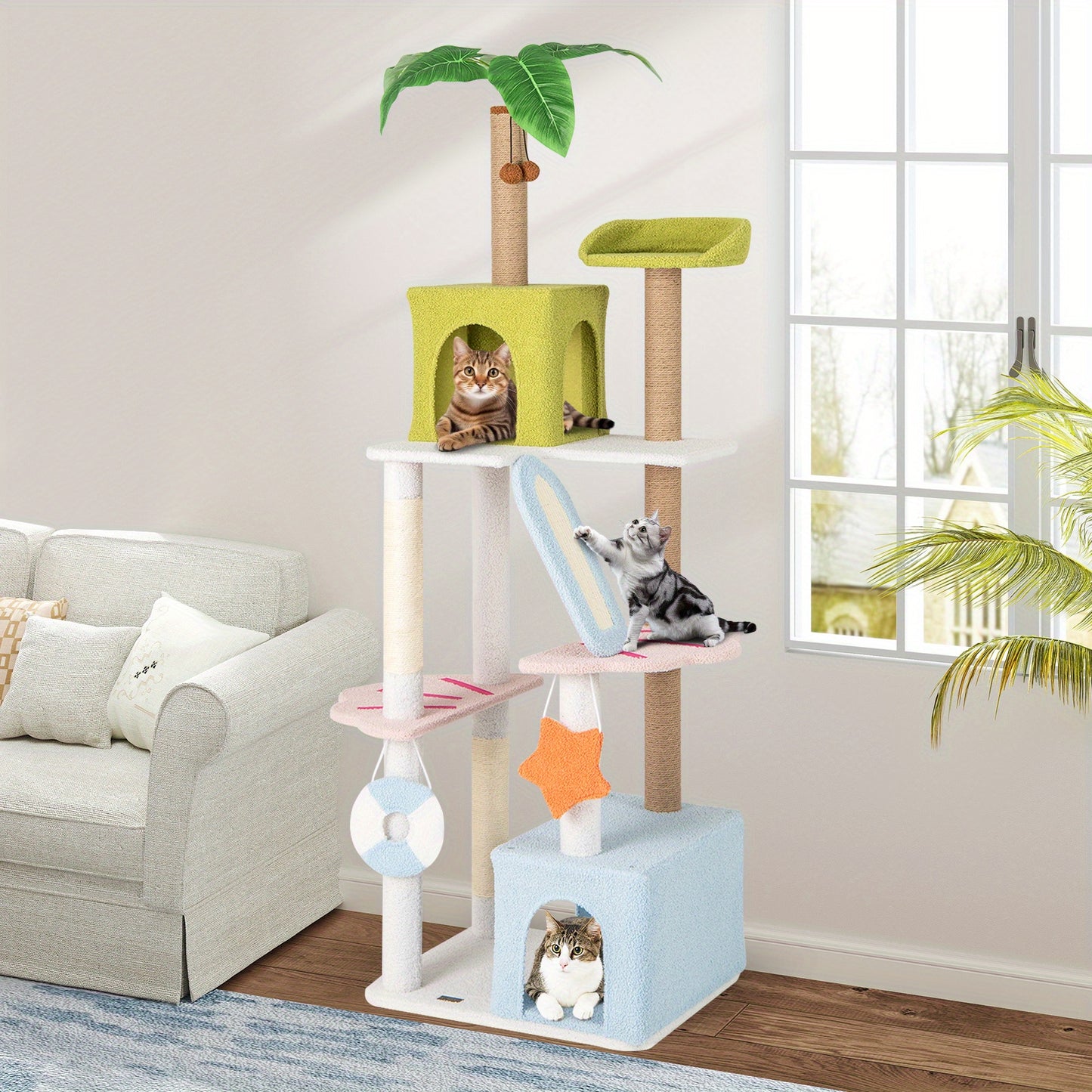 Kattenboom – Krabpaal – Kattenhuis – Klimmeubel – Kattencondo – Strandthema – 180 cm Hoog – Sisal en Jute Krabpalen
