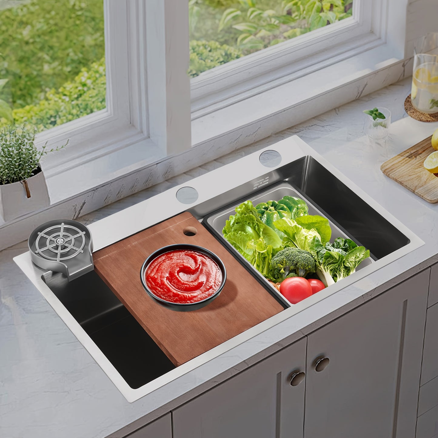 Spoelbak – Keukenspoelbak – RVS Wasbak – Inbouw Spoelbak – Multifunctionele Spoelbak – 304 RVS Met Nano-Coating – Inclusief Houten Snijplank & Afwateringsmand – 75x45x22 cm Silver