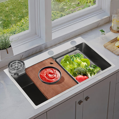 Spoelbak – Keukenspoelbak – RVS Wasbak – Inbouw Spoelbak – Multifunctionele Spoelbak – 304 RVS Met Nano-Coating – Inclusief Houten Snijplank & Afwateringsmand – 75x45x22 cm Silver