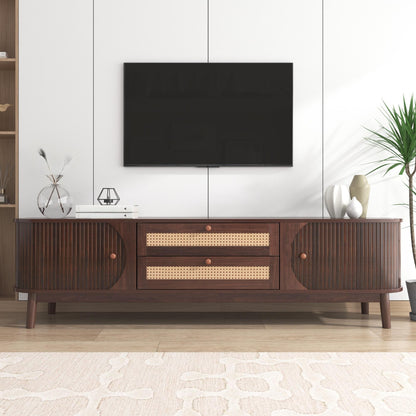 BTM TV Cabinet - Natural Wood Blend TV Stand with Doors and Drawers, Rattan Sides, Storage Solution, Natural Country Style