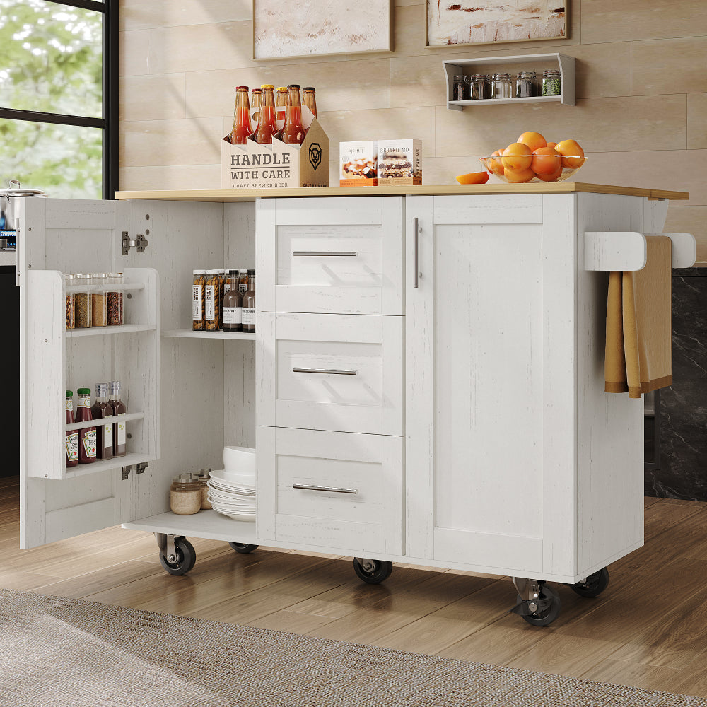 White Modern Mobile Kitchen Island with Removable Divider & Adjustable Casters - Heavy-Duty Metal Frame, Woodgrain Worktop, Storage Cabinets with Shelves & Drawers, Towel Rack - Space-Saving Rolling Cart for Small Kitchens, D
