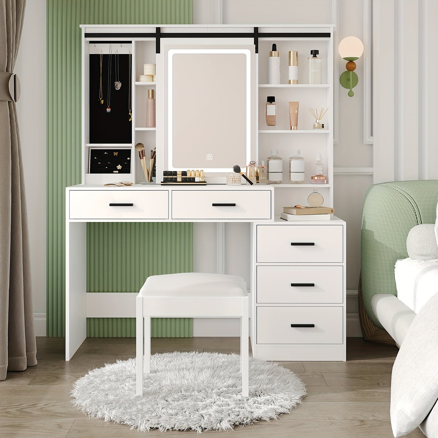 Dressing Table with Adjustable LED Lighting, Removable Large Mirror, with Jewelry Storage, Open Shelves, 5 Drawers, with Side Table, for Bedroom, White
