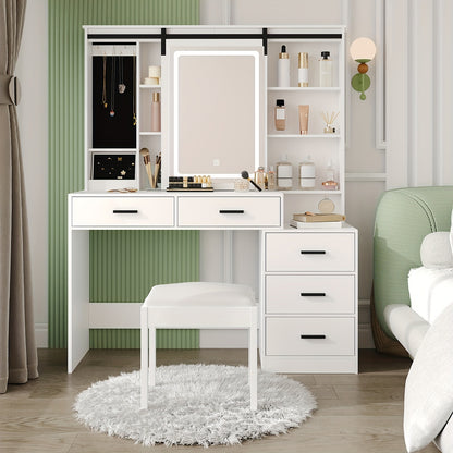 Dressing Table with Adjustable LED Lighting, Removable Large Mirror, with Jewelry Storage, Open Shelves, 5 Drawers, with Side Table, for Bedroom, White