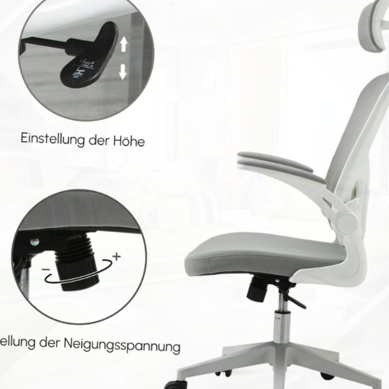 Bureaustoel – Kantoorstoel – Ergonomische Stoel – Draaistoel – Office Chair – Verstelbare Hoogte – Ademend Mesh – Met Hoofdsteun – Stijlvol Grijs