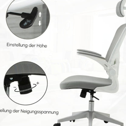 Bureaustoel – Kantoorstoel – Ergonomische Stoel – Draaistoel – Office Chair – Verstelbare Hoogte – Ademend Mesh – Met Hoofdsteun – Stijlvol Grijs