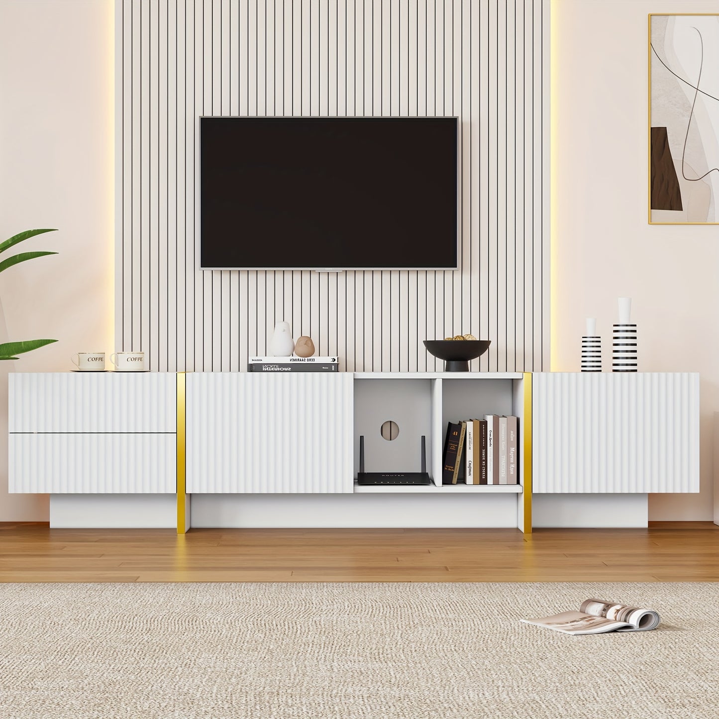 TV-Meubel – Tv Kast – Mediameubel – Entertainmentmeubel – Tv Console – Modern Wit Met Gele Accenten – Geschikt Voor Tv’s Tot 80 Inch – Ruime Opbergruimte 190x35x45,5 cm