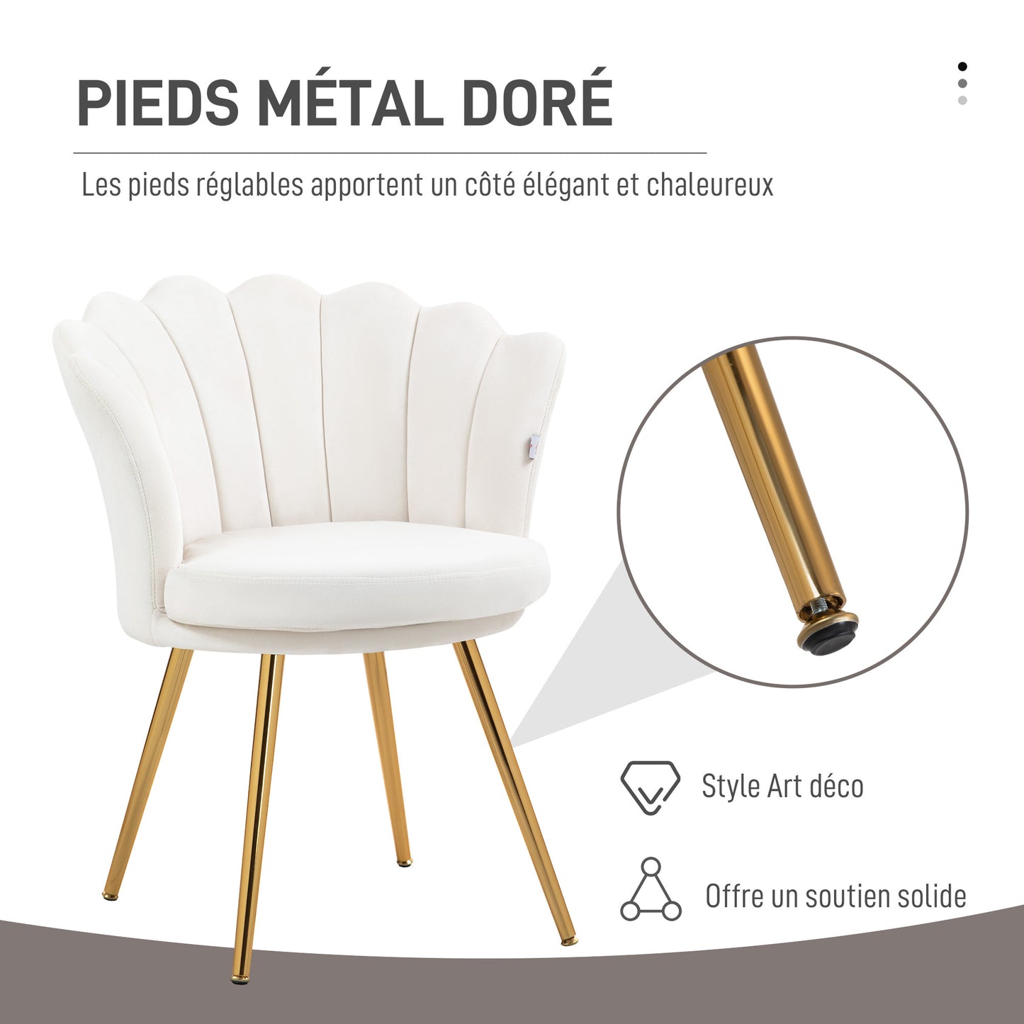 Velvet Stoel – Fauteuil – Eetkamerstoel – Woonkamerstoel – Slaapkamerstoel – Creme Kleur – Gouden Metalen Poten – Zacht Polyester Bekleed – Compacte Afmetingen 67x64x77 cm