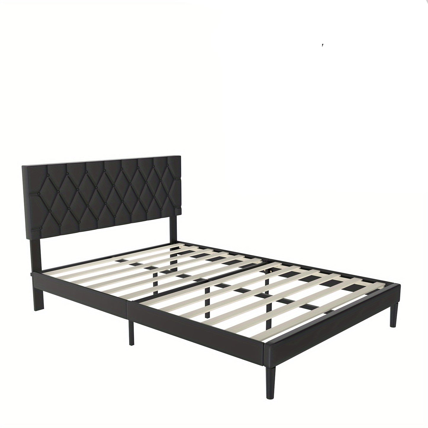 Bedframe – Gestoffeerd Bed – Tweepersoonsbed – Platformbed – Slaapbank – Zwart Imitatieleer – 140x200 cm – Hoogwaardig Padded Hoofdeinde – Stevige Houten Lattenbodem