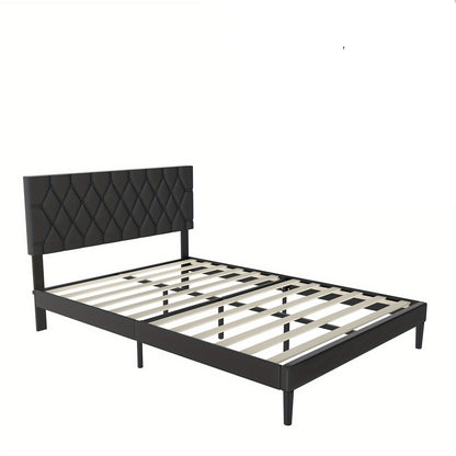 Bedframe – Gestoffeerd Bed – Tweepersoonsbed – Platformbed – Slaapbank – Zwart Imitatieleer – 140x200 cm – Hoogwaardig Padded Hoofdeinde – Stevige Houten Lattenbodem