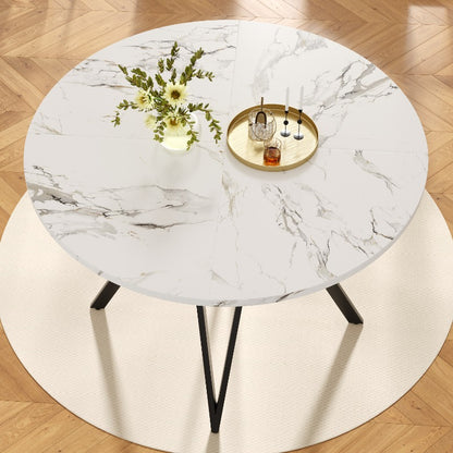 Ronde Eettafel – Tafel – Eetkamertafel – Keukentafel – Eettafel 4 Personen – MDF Marmeren Blad – Zwarte Metalen Poten – 100x100x76 cm – Klassiek Ontwerp – Geen Montage Nodig