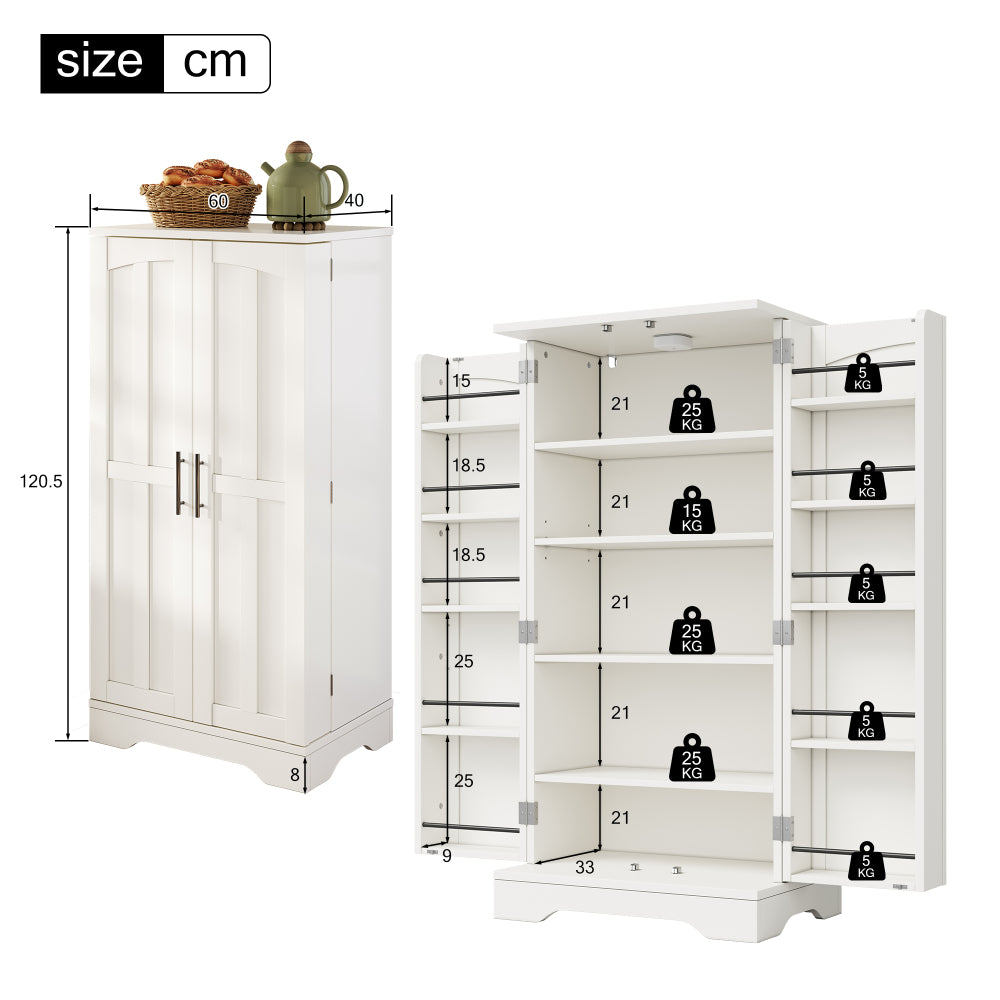 Large-Capacity Double-Door Storage Cabinet | Adjustable Shelves, Door Shelves, Suitable for Kitchens, Dining Rooms, or Living Rooms, White, Metal, Contemporary Style
