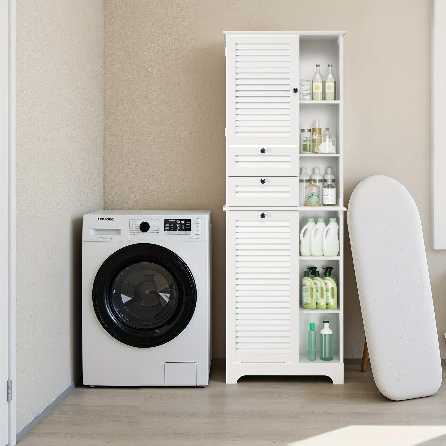 Modern Hoog Badkamerkast – Badkamermeubel – Opbergkast – Staande Kast – Opbergmeubel – Met Opvouwbare Waszak – 2 Deuren & 1 Lade – 6 Open Planken – Duurzaam Hout en Stof – Ruimtebesparend Design – Hoogte 68,58 cm