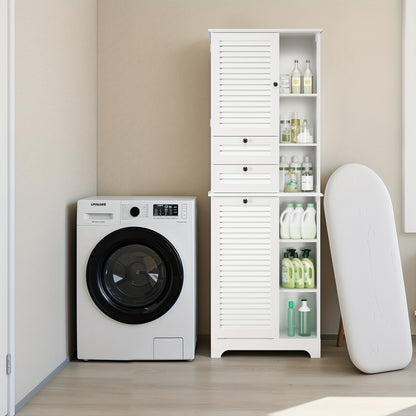 Modern Hoog Badkamerkast – Badkamermeubel – Opbergkast – Staande Kast – Opbergmeubel – Met Opvouwbare Waszak – 2 Deuren & 1 Lade – 6 Open Planken – Duurzaam Hout en Stof – Ruimtebesparend Design – Hoogte 68,58 cm