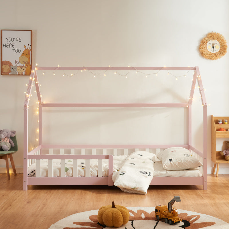 Kinderbed – Kinderbedden – Eenpersoonsbed – Hoogslaper – Stapelbed – Huisbed Design – Veilig Valbeveiliging – 90x200 cm Vurenhout
