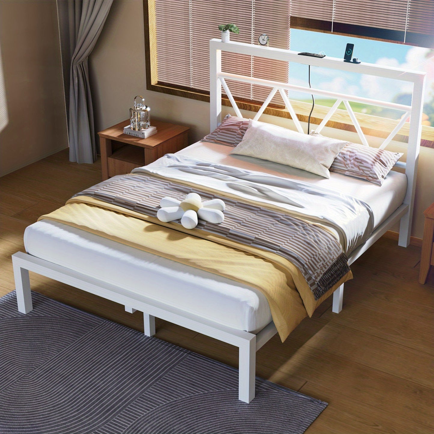 Iron Bed-C088[140X200Cm]White with Bedside Lamp