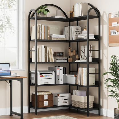 Boekenkast – Boekenplank – Wandrek – Kasten – Opbergkast – Extra Hoge 5-Lagen L-Vormige Boekenplank – Industrieel Metaal & MDF – 173,99 cm Hoog – Zwarte Hoekschilf Unit
