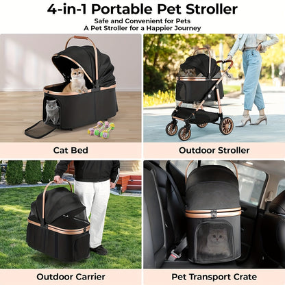 Huisdierenwagen – Dierenwagen – Hondenwagen – Kattenwagen – Draagmand – Champagne Golden + Zwart – 4-in-1 Multifunctioneel – Stevig Carbon Stalen Frame