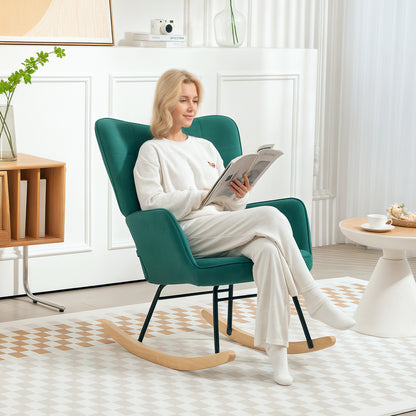Schommelstoel – Relaxstoel – Wiegstoel – Nursing Chair – Velours Stoel – Donkergroen – Fluwelen Bekleding – Stevig Stalen Frame
