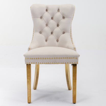 A&A Furniture, Nikki Collection Modern Premium Tufted Solid Wood Contemporary Velvet Upholstered Dining Chair with Golden Stainless Steel Plating Legs, Nailhead Trim, Set of 2, Beige and Gold, DE1601BG
