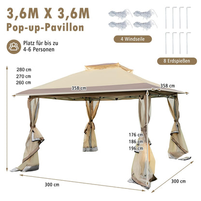 Vouwbare Partytent – Tuinpaviljoen – Overkapping – Terras Tent – Pergola – Met Muggennet – Dubbele Waterdichte Dak 3,6x3,6m – UV Bescherming 50+