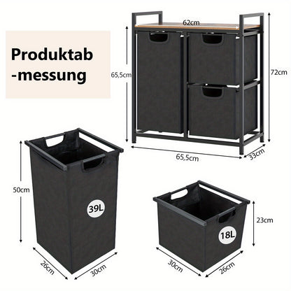 Wasmand – Wasbak – Wasbox – Waskrat – Laundry Hamper – 3 Compartimenten – 75L Metalen Frame & Afneembare Waszakken – Met Opbergrek Zwart met Rustiek Bruin