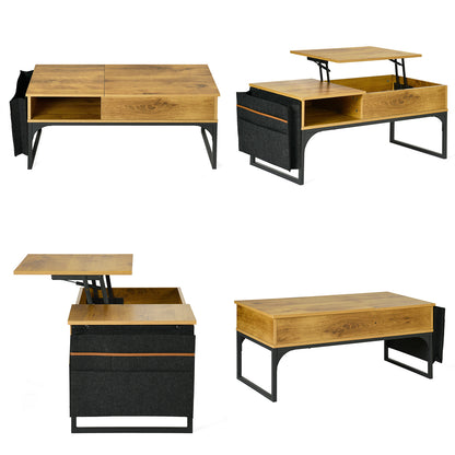 Retro Salontafel – Koffietafel – Woonkamer Tafel – Opbergtafel – Werktafel – Verstelbaar Lift-Top – 2 Opbergruimtes – Metaal Frame – Original Houtkleur – Inclusief Stoffen Opbergtas – 100x50x45 cm