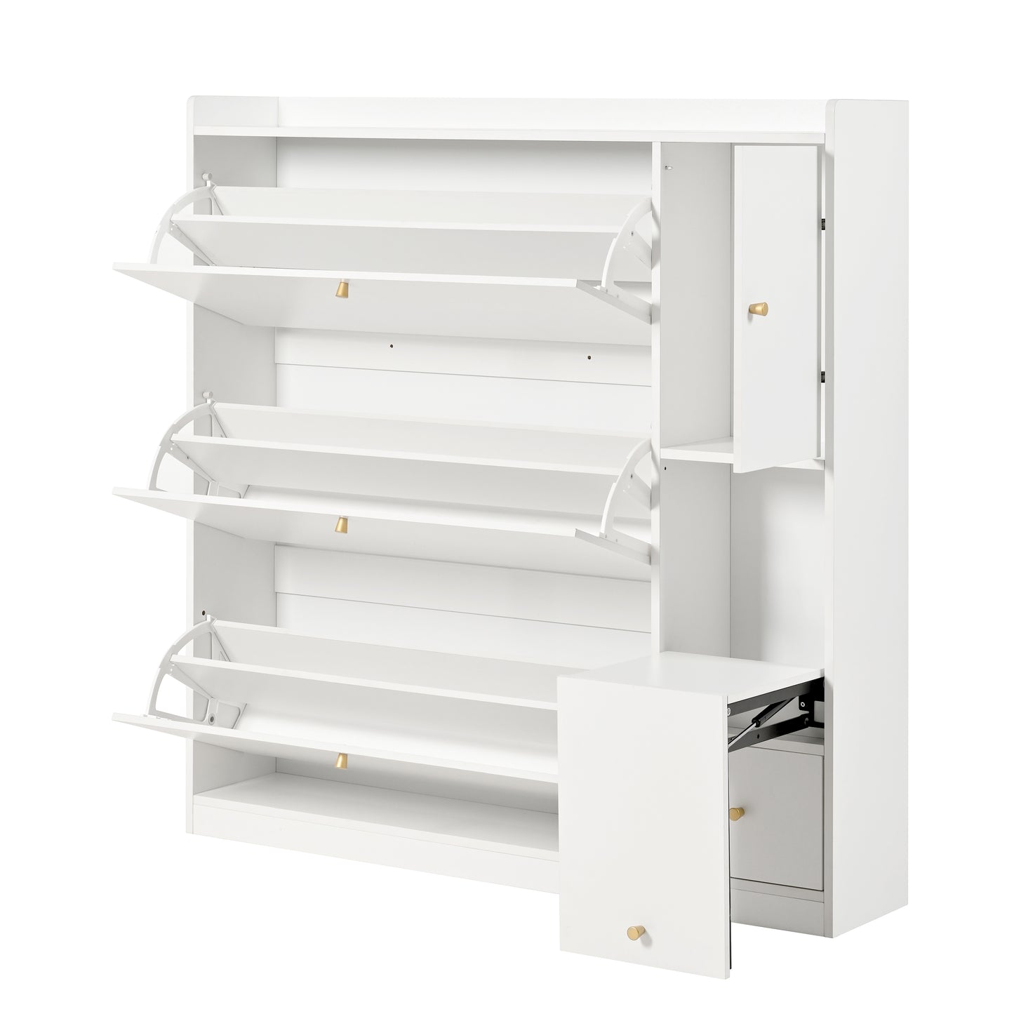 Schoenenkast – Schoenenrek – Schoenopberger – Schoenmeubel – Schoenentrekker – Wit – 3 Kantelbare Laden – Ingebouwde Klapbank
