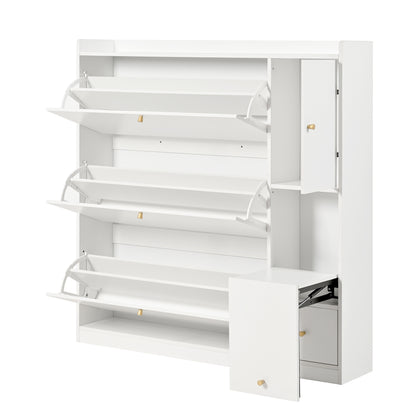 Schoenenkast – Schoenenrek – Schoenopberger – Schoenmeubel – Schoenentrekker – Wit – 3 Kantelbare Laden – Ingebouwde Klapbank