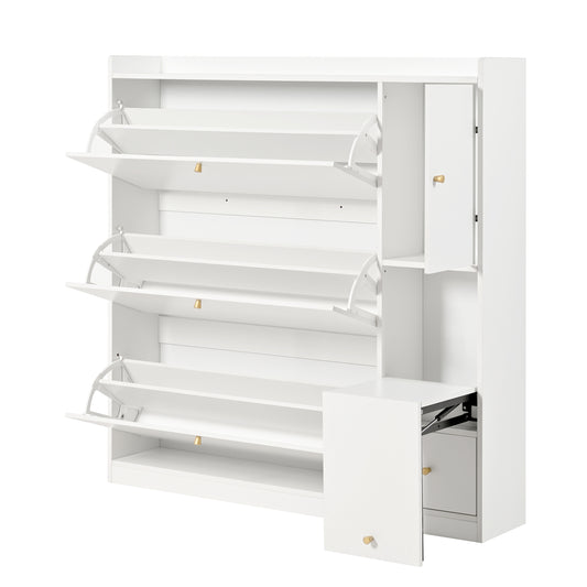 Schoenenkast – Schoenenrek – Schoenopberger – Schoenmeubel – Schoenentrekker – Wit – 3 Kantelbare Laden – Ingebouwde Klapbank