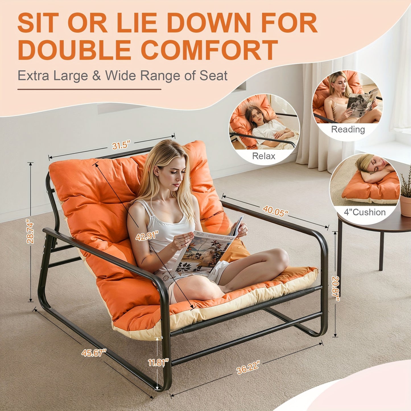 Waterdicht Buiten-2-Zits Reclame-Sofa met Verwijderbare Kussens – Robuust Handmatig Verstelbaar Lounge-Meubel voor Balkon, Tuin of Zwembad (Oranje/Beige)