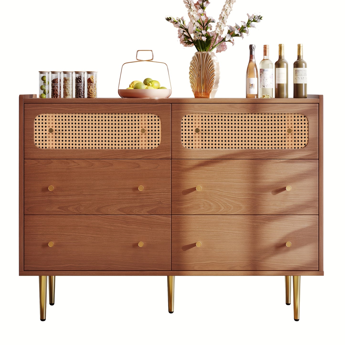 Six-drawer Chest Of Drawers Storage Cabinet with Six Drawers, Rattan Highboard for Bedroom And All Living Spaces, In Walnut, H90/W120/D40cm,  Multidrawer Cabinet, Modern Chest Of Drawers, Minimalist Furniture, Durable Storage