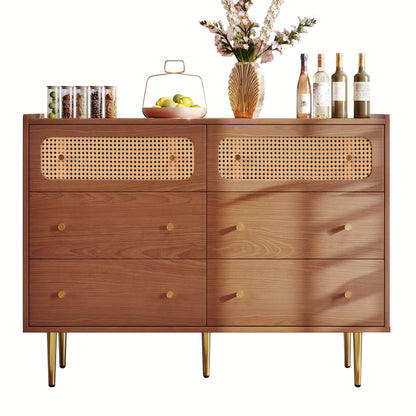 Six-drawer Chest Of Drawers Storage Cabinet with Six Drawers, Rattan Highboard for Bedroom And All Living Spaces, In Walnut, H90/W120/D40cm,  Multidrawer Cabinet, Modern Chest Of Drawers, Minimalist Furniture, Durable Storage